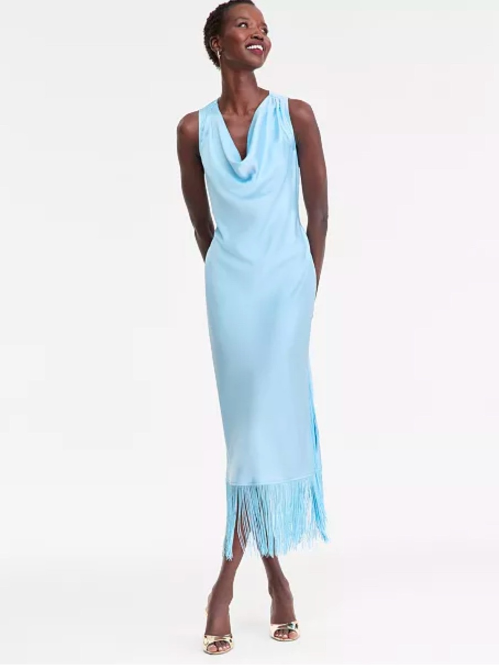 INC International Concepts Light Blue Cowl-Neck Fringe Swim Coverup Dress